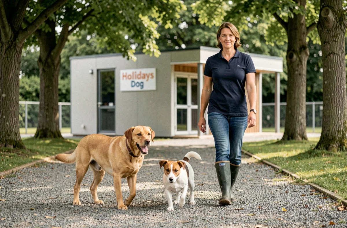 Chiens en promenade dans le chenil Holidays Dog à Montivilliers avec une soignante professionnelle