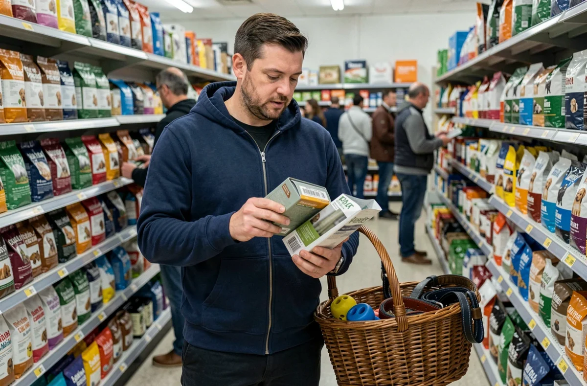 Homme choisissant des accessoires et de la nourriture pour chien dans un magasin animalerie pour préparer l'arrivée de son animal