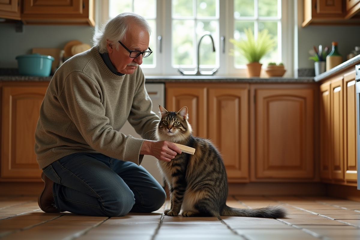 Homme âgé brossant un chat longhair dans la cuisine