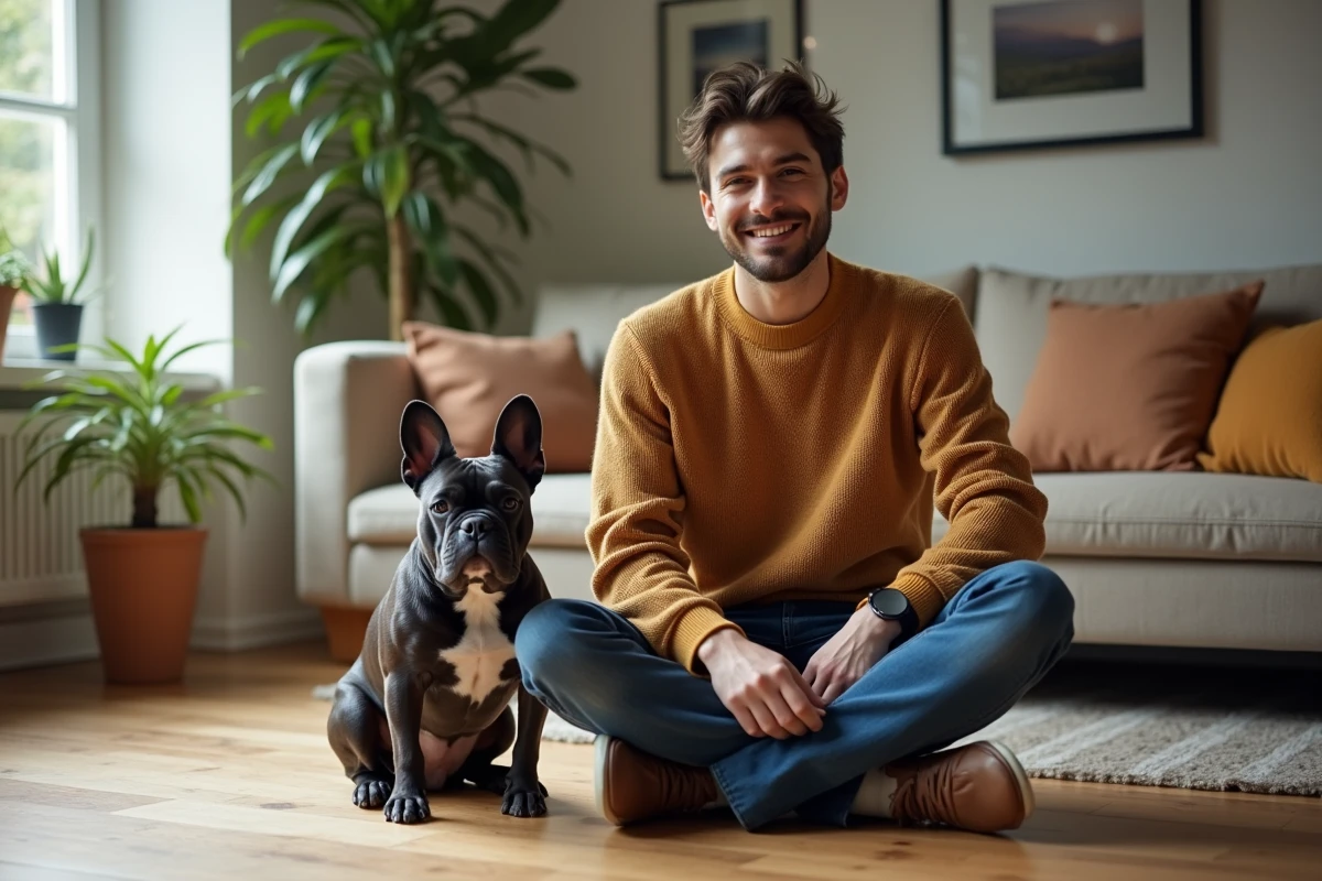 Jeune homme assis avec un bouledogue français dans un salon moderne