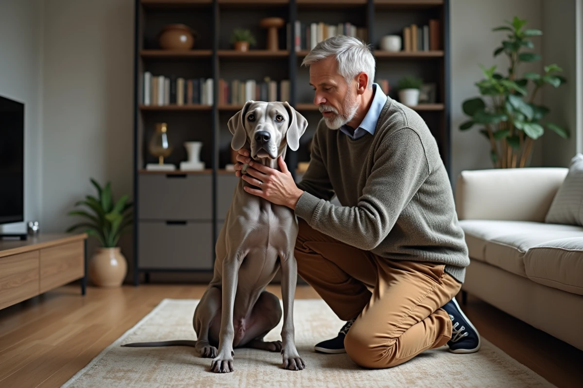 Homme adulte en intérieur avec un jeune chien weimaraner tendu