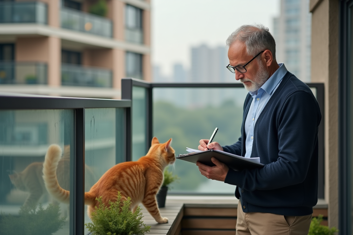 Homme écrivant avec un chat sur un balcon urbain