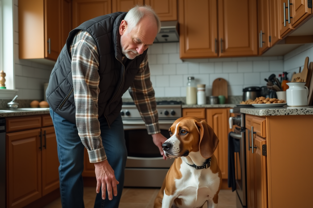 Homme âgé pointant vers un beagle dans la cuisine