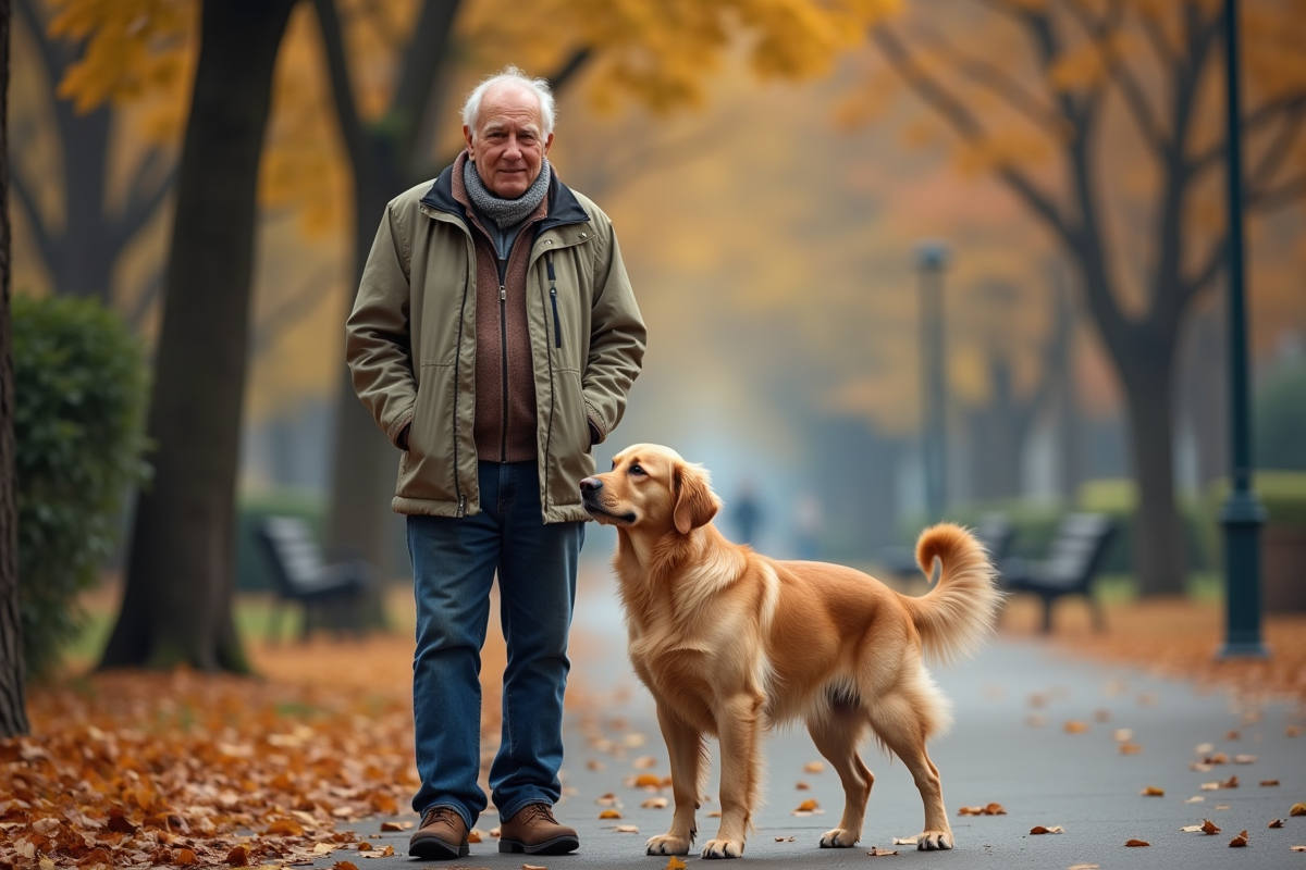 Homme et chien dans un parc en automne