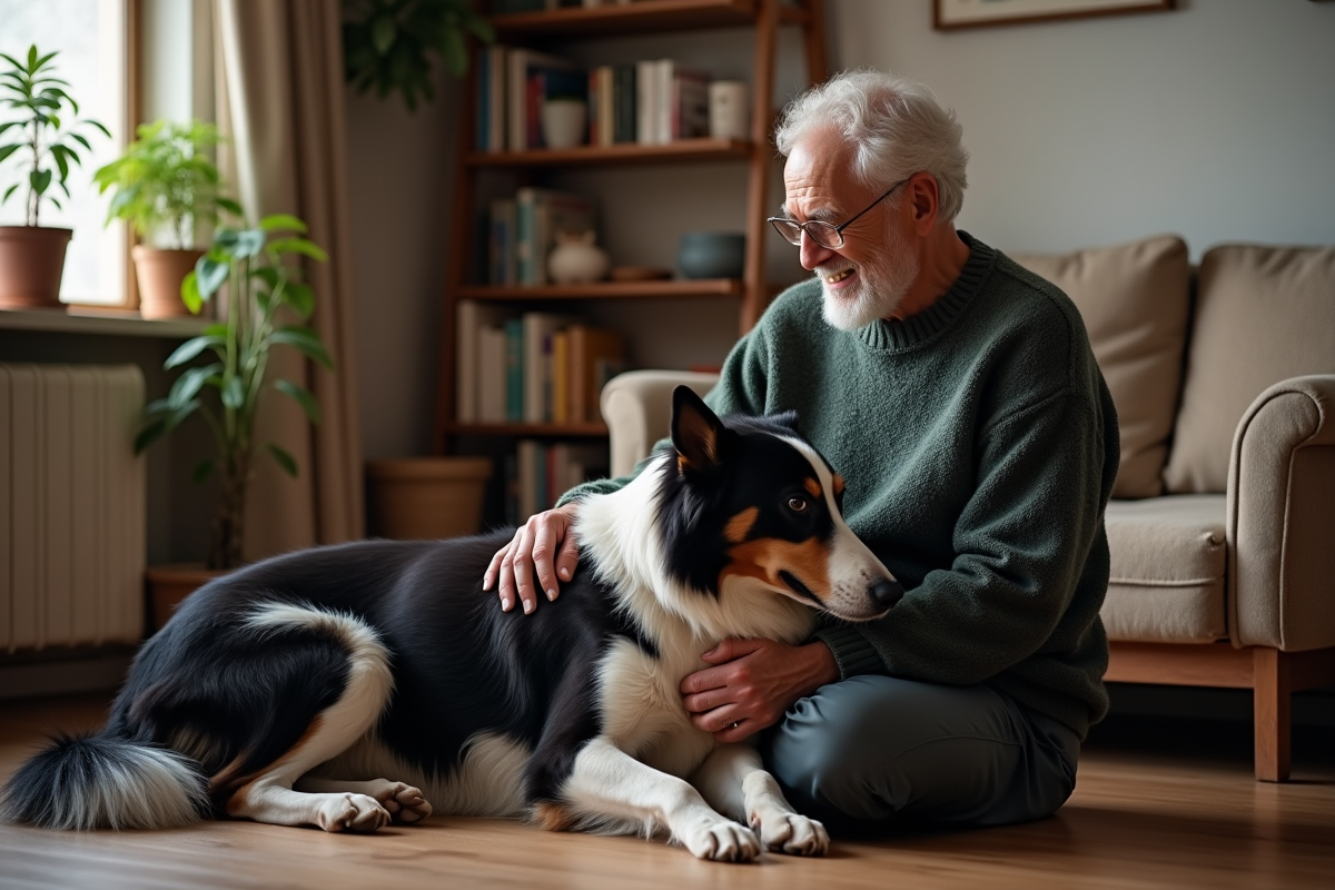 Homme âgé avec son chien noir et blanc dans un salon chaleureux