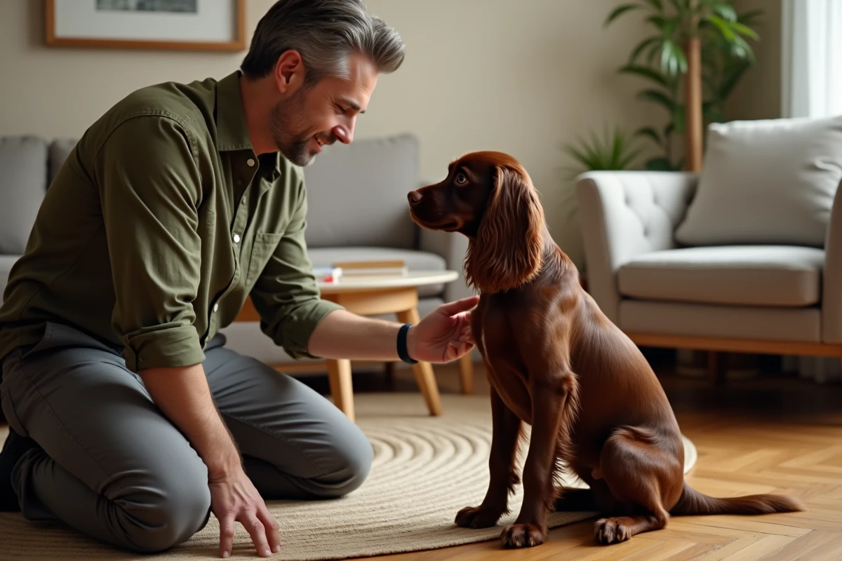Homme jouant avec un Cocker Spaniel Nain chocolat dans un petit appartement