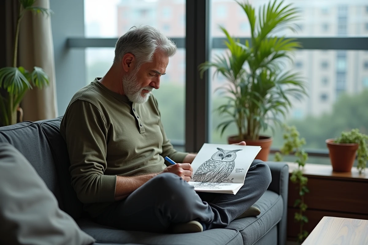Homme adulte coloriant un dessin de hibou dans un livre de coloriage anti-stress assis sur un canapé