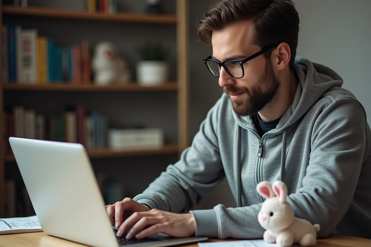 Homme comparant des prix de Bunny Pal d'occasion sur un site de revente en ligne depuis son bureau à domicile
