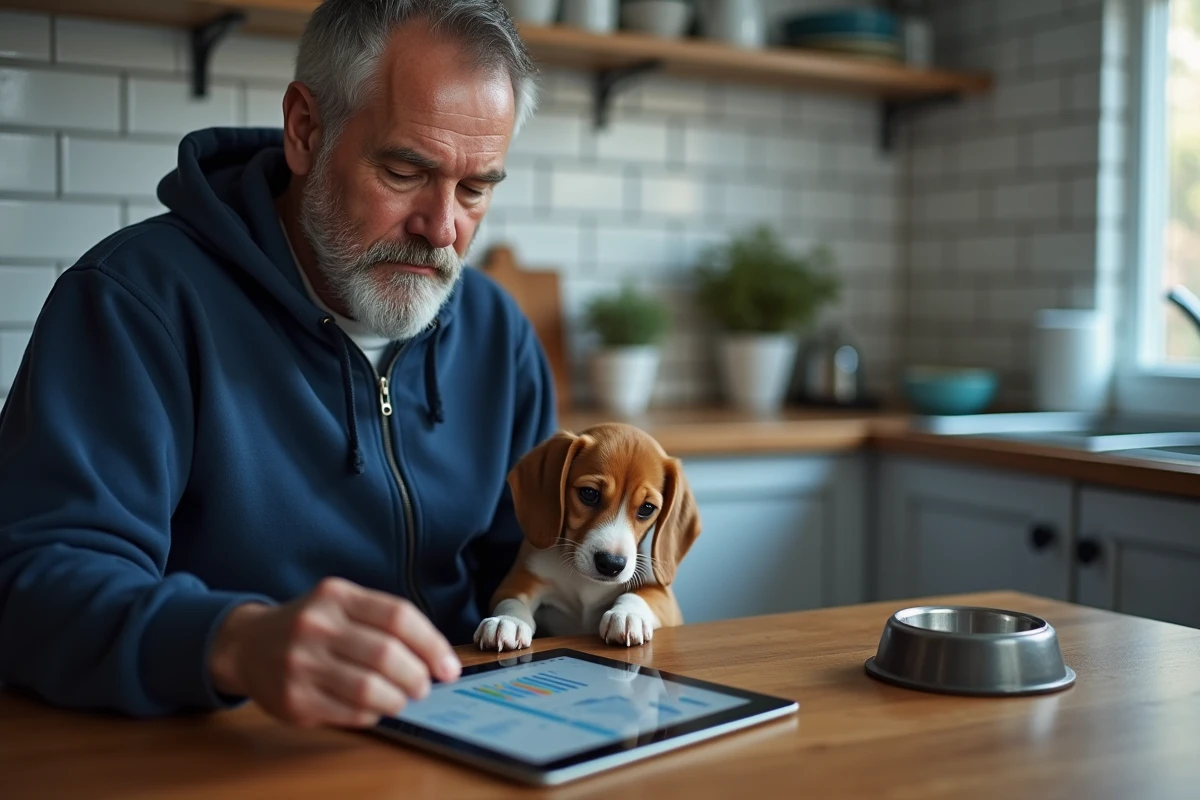 Homme comparant des formules économiques de mutuelle chien sur une tablette avec son beagle à ses côtés