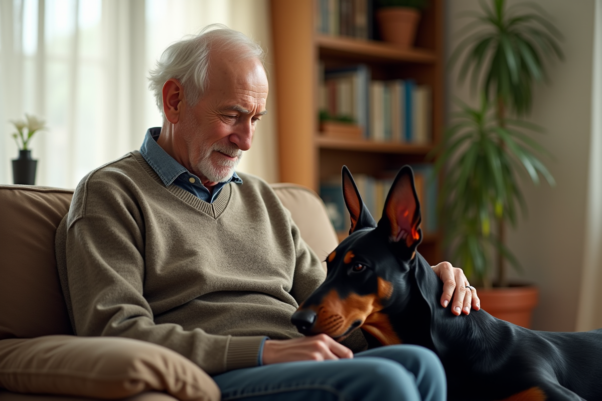 Homme âgé caressant un Doberman dans un salon chaleureux