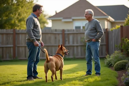 Homme et chien dans un jardin de banlieue paisible