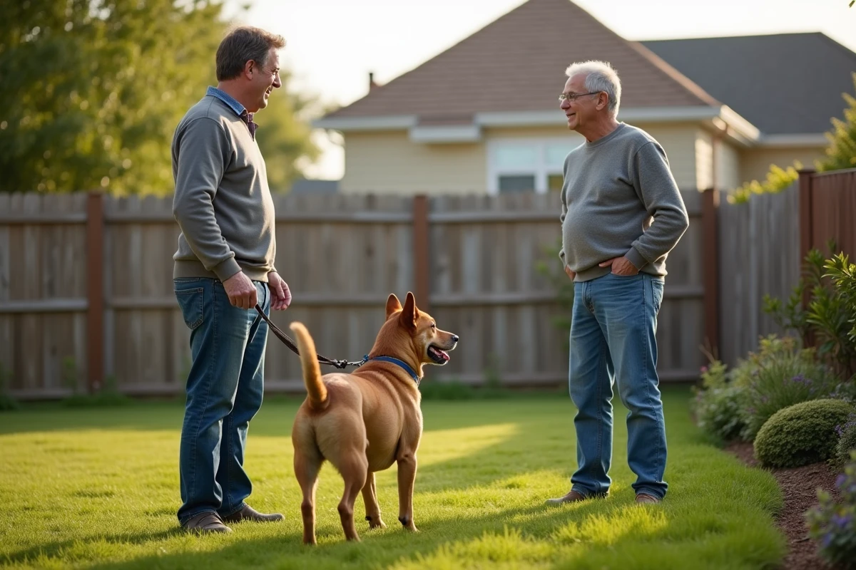 Homme et chien dans un jardin de banlieue paisible