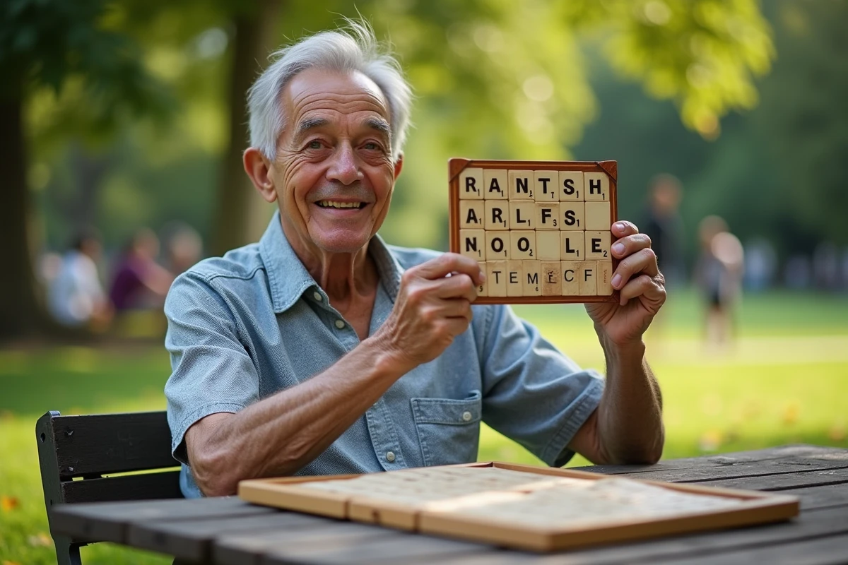 Homme âgé jouant à un jeu de mots dans un parc