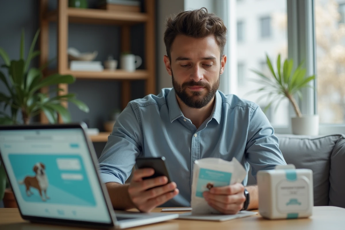 Jeune homme avec médicament et ordinateur