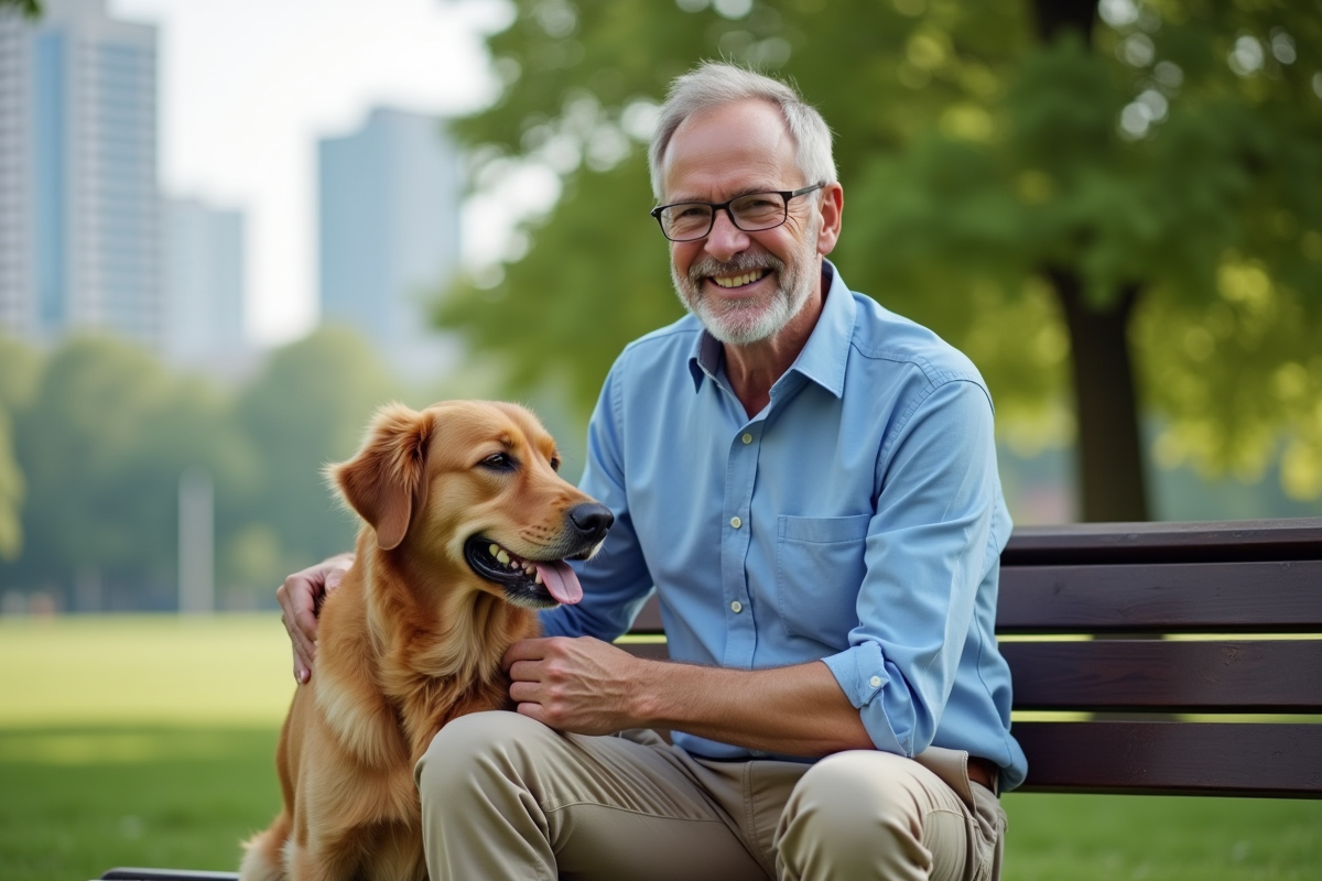 Homme avec un chien golden retriever dans un parc verdoyant