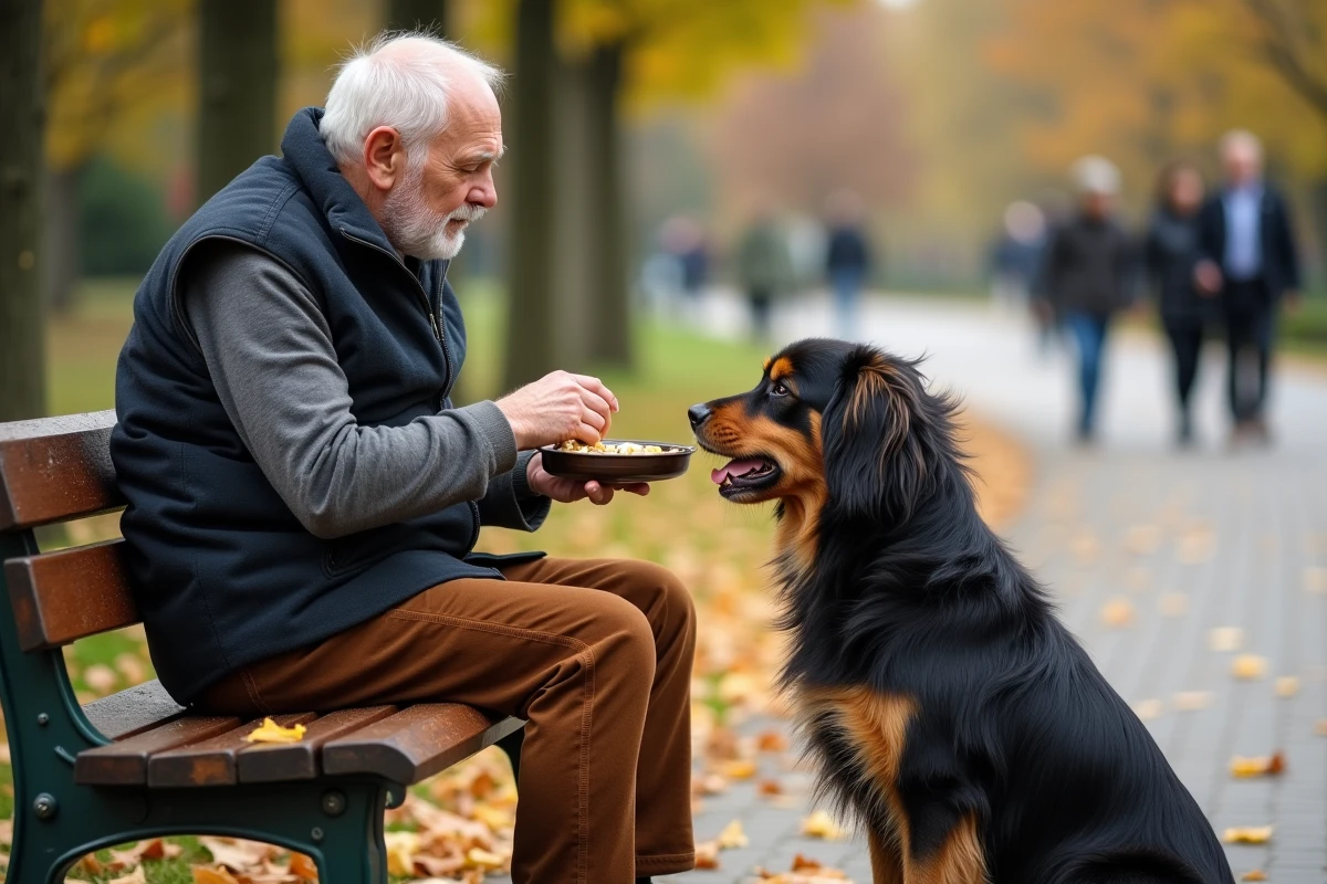 Homme âgé offrant de la nourriture à son teckel dans un parc en automne