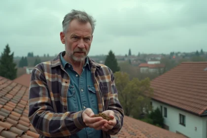 Homme d'âge moyen examine des déjections animales sur un toit