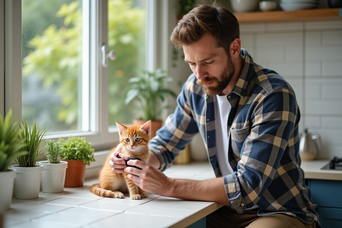 Jeune homme avec chaton en train de couper les griffes