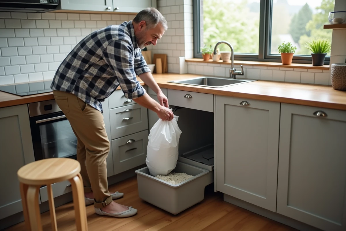 Homme de dos vidant sac de litière dans une poubelle de cuisine