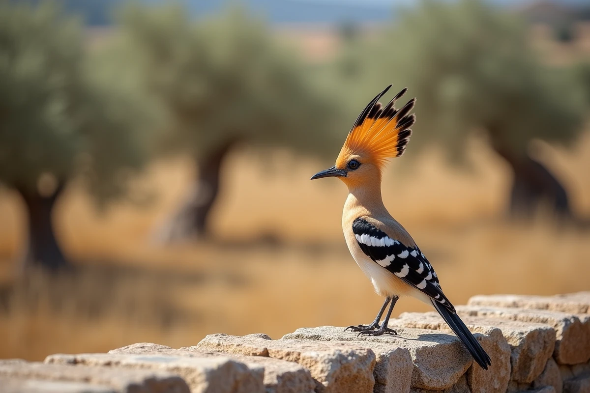 Huppe fasciée posée sur un mur de pierre, oiseau en U idéal pour un concours de connaissances animalières