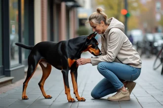 Femme inspectant l'ergot d'un Beauceron sur un trottoir en ville