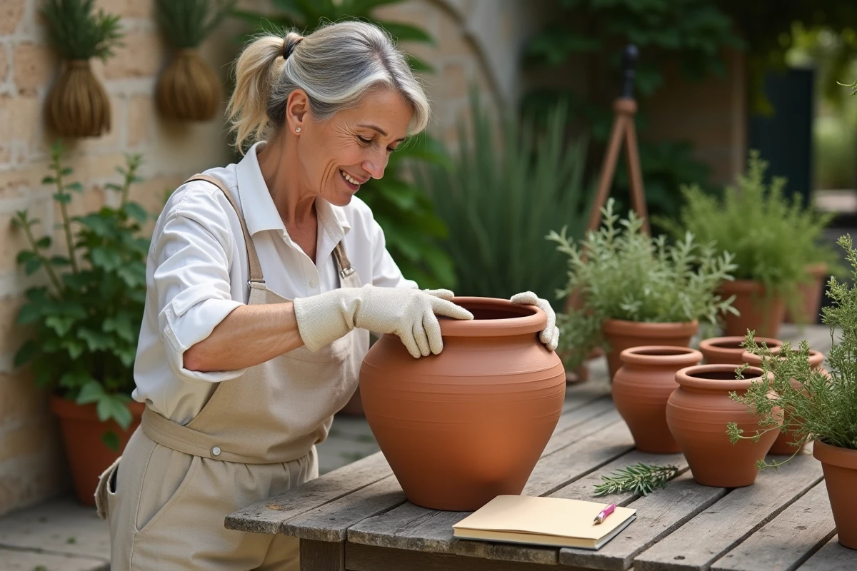 Femme jardinière inspectant un pot en terre cuite pour détecter la présence d'araignées dans un jardin provençal