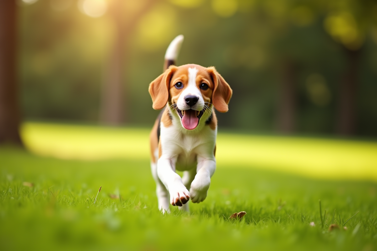 Jeune beagle courant dans un parc ensoleille avec herbe verte
