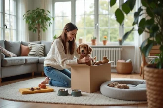 Jeune femme souriante avec accessoires pour chiot dans un intérieur chaleureux