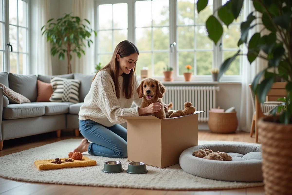 Jeune femme souriante avec accessoires pour chiot dans un intérieur chaleureux