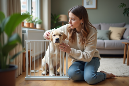Jeune femme avec un chiot labrador dans un salon chaleureux