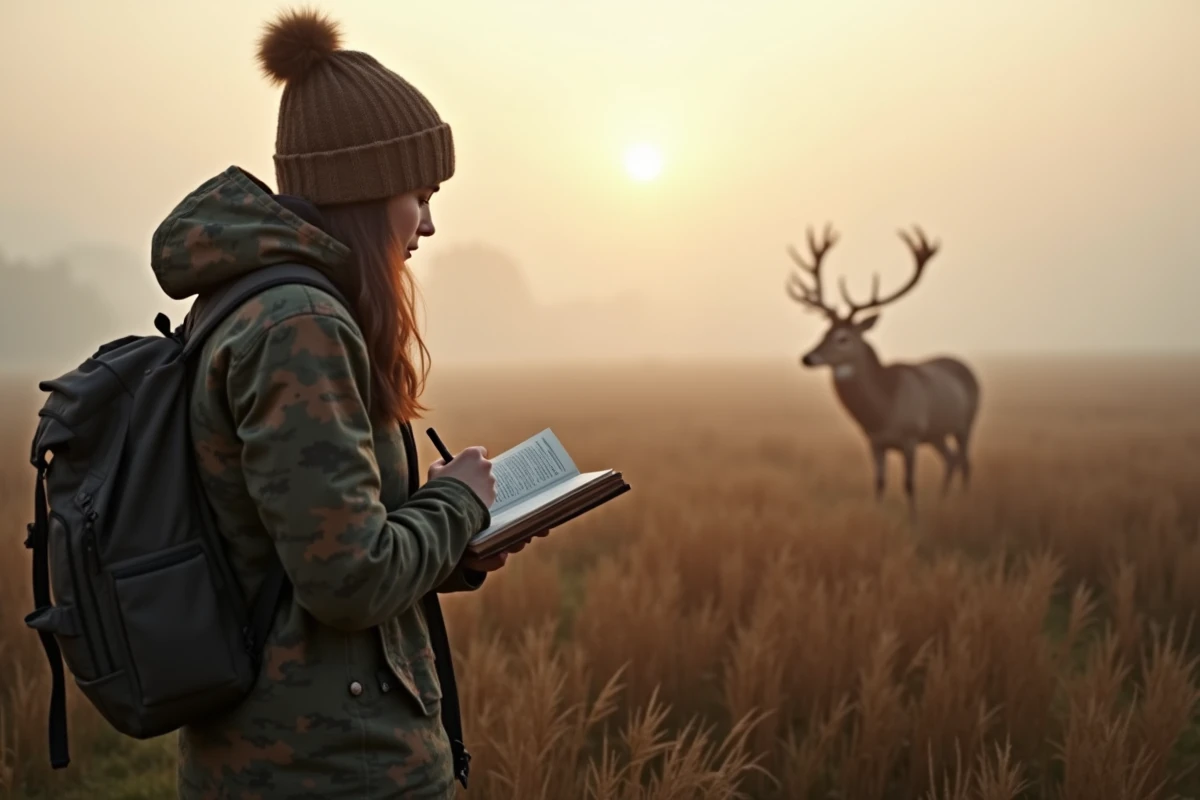 Jeune femme naturaliste observant un cerf au lever du soleil