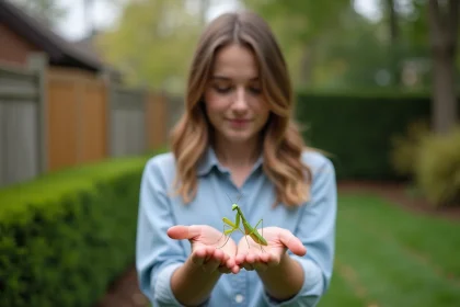 Jeune femme tenant une mante religieuse dans un jardin