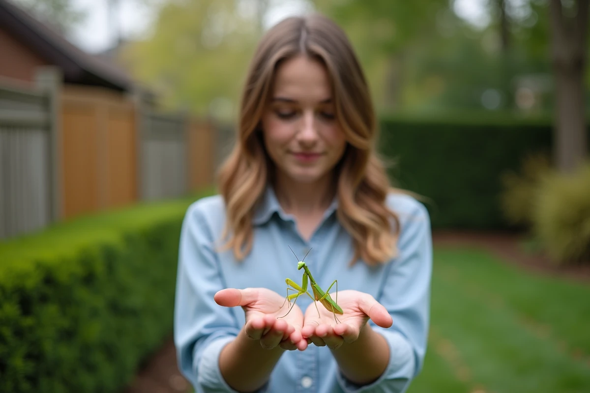 Jeune femme tenant une mante religieuse dans un jardin