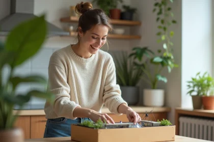 Jeune femme déballant un kit d'initiation à l'élevage de fourmis dans la cuisine