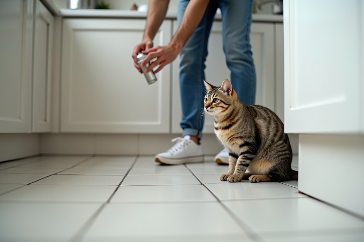 Jeune homme vaporisant un désodorisant dans la cuisine