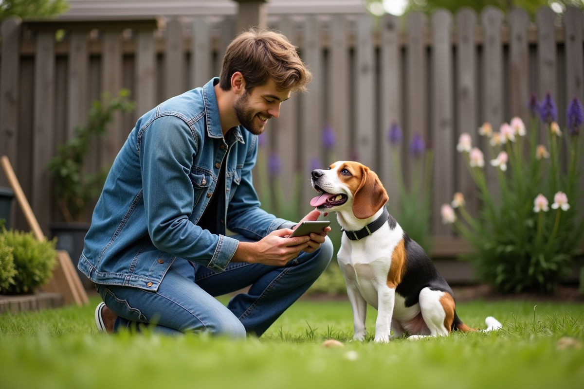 Jeune homme avec son beagle dans le jardin en train de donner une friandise