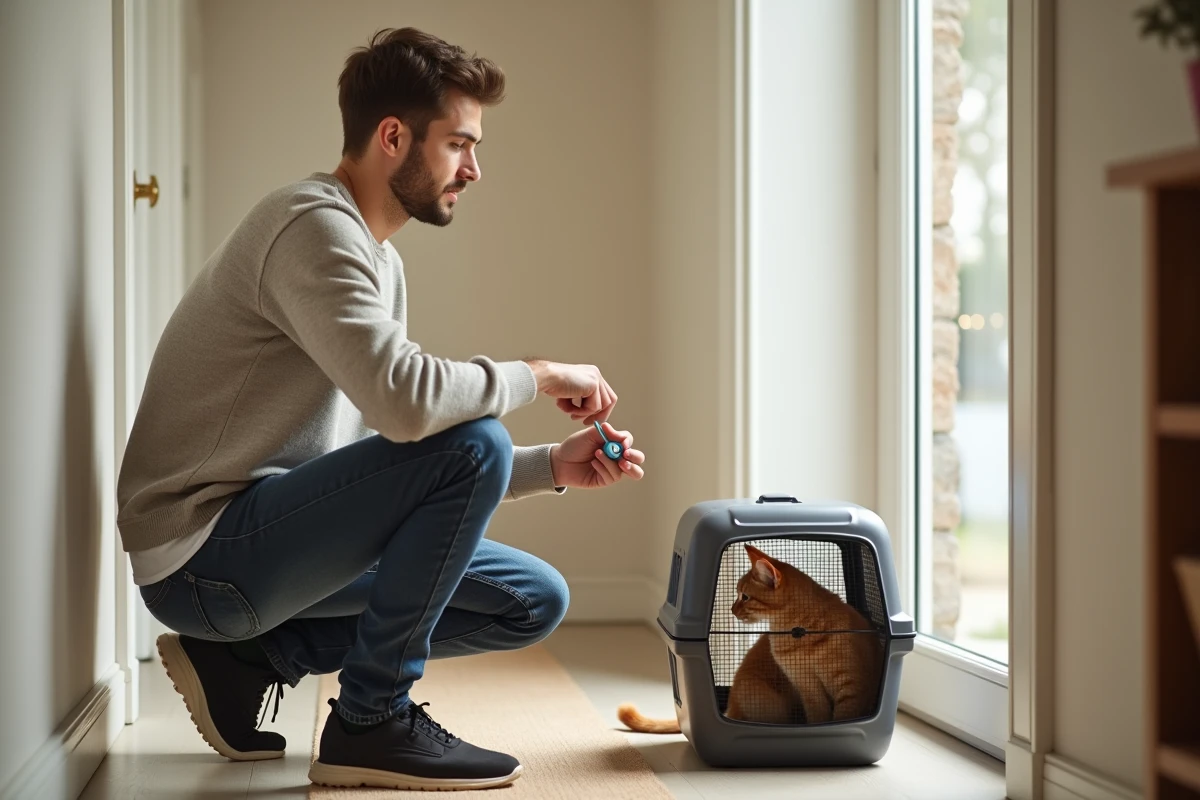 Jeune homme avec un chat roux dans un couloir d