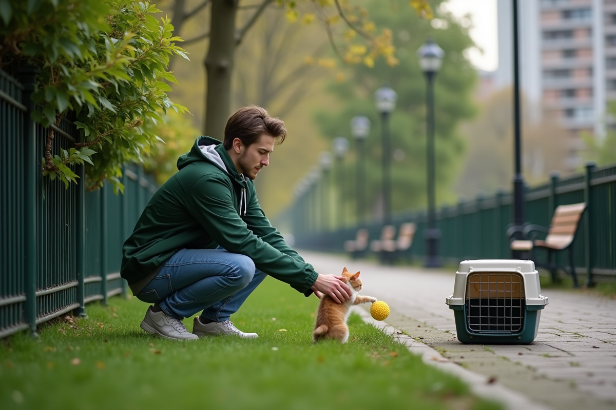 Jeune homme dans un parc urbain cherche son chat