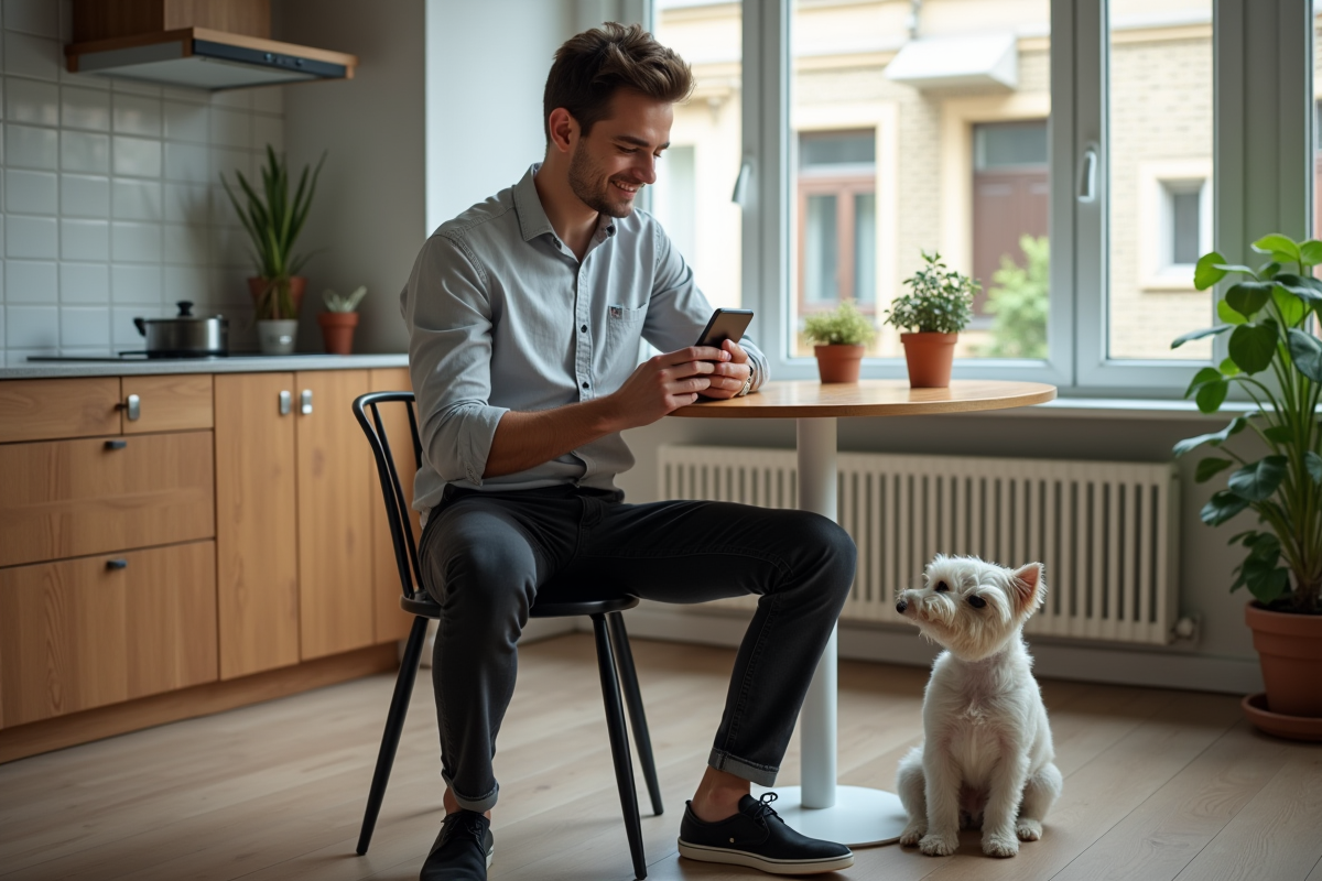 Jeune homme français vérifiant adoption au smartphone