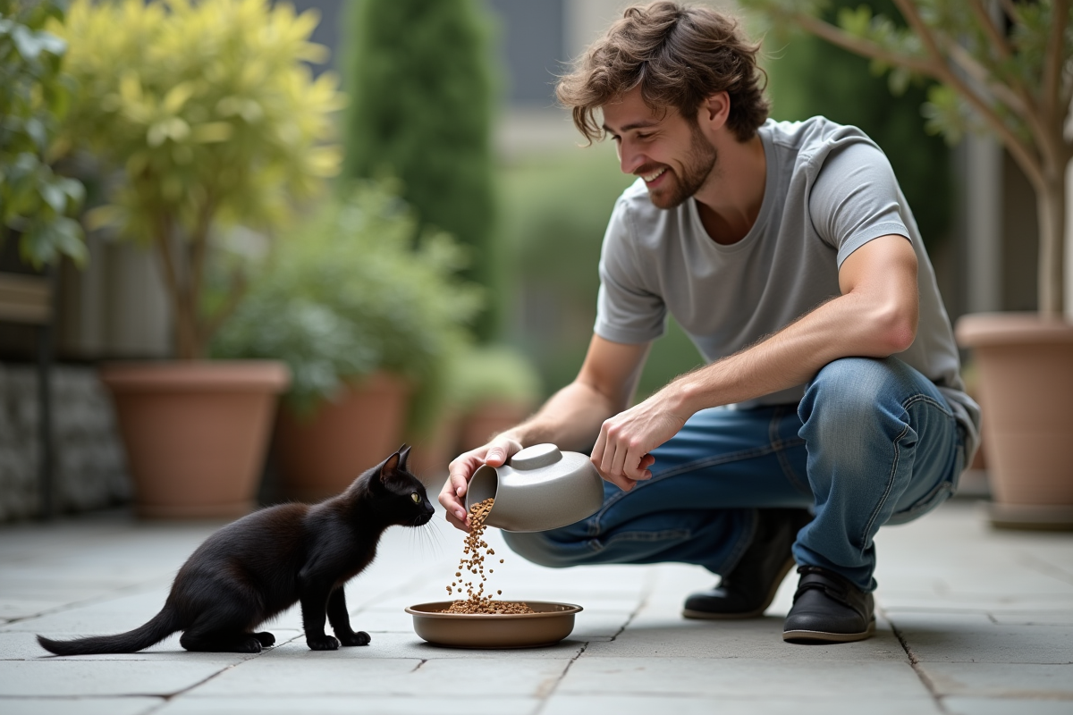 Jeune homme donnant à manger à un chat noir sur la terrasse extérieure