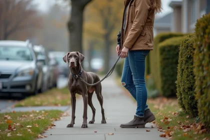 Jeune chien weimaraner en alerte dans un quartier résidentiel