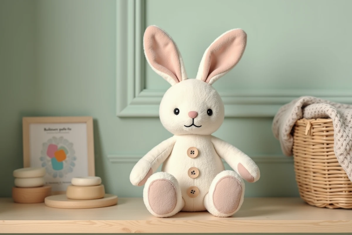 Jouet-lapin interactif en peluche posé sur une étagère de chambre de bébé décorée avec des jouets d'éveil en bois