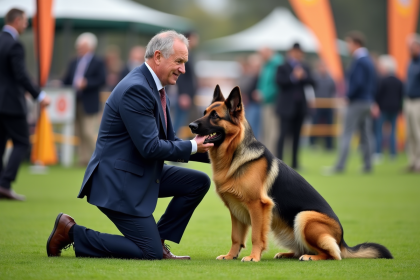 Juge canin en costume navy avec un berger allemand lors d'un concours