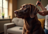 Labrador chocolat brossé dans un salon chaleureux