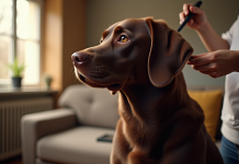 Labrador chocolat brossé dans un salon chaleureux
