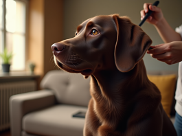 Tout savoir sur l’entretien d’un labrador de couleur chocolat Labrador chocolat brossé dans un salon chaleureux