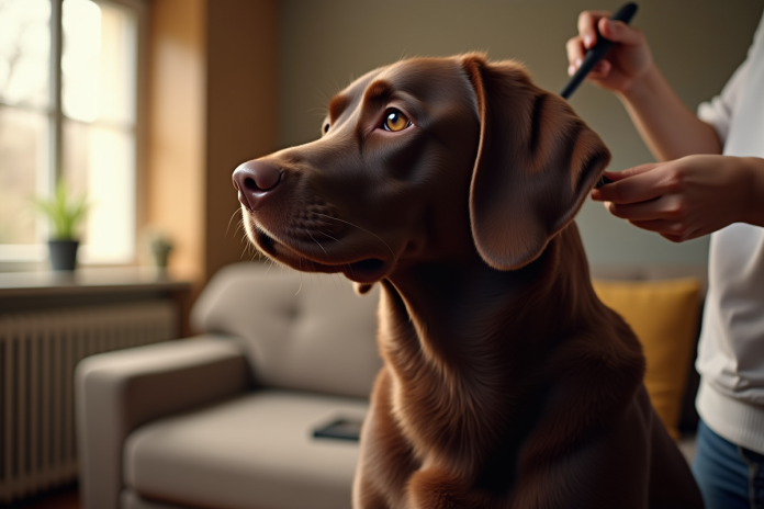 Labrador chocolat brossé dans un salon chaleureux