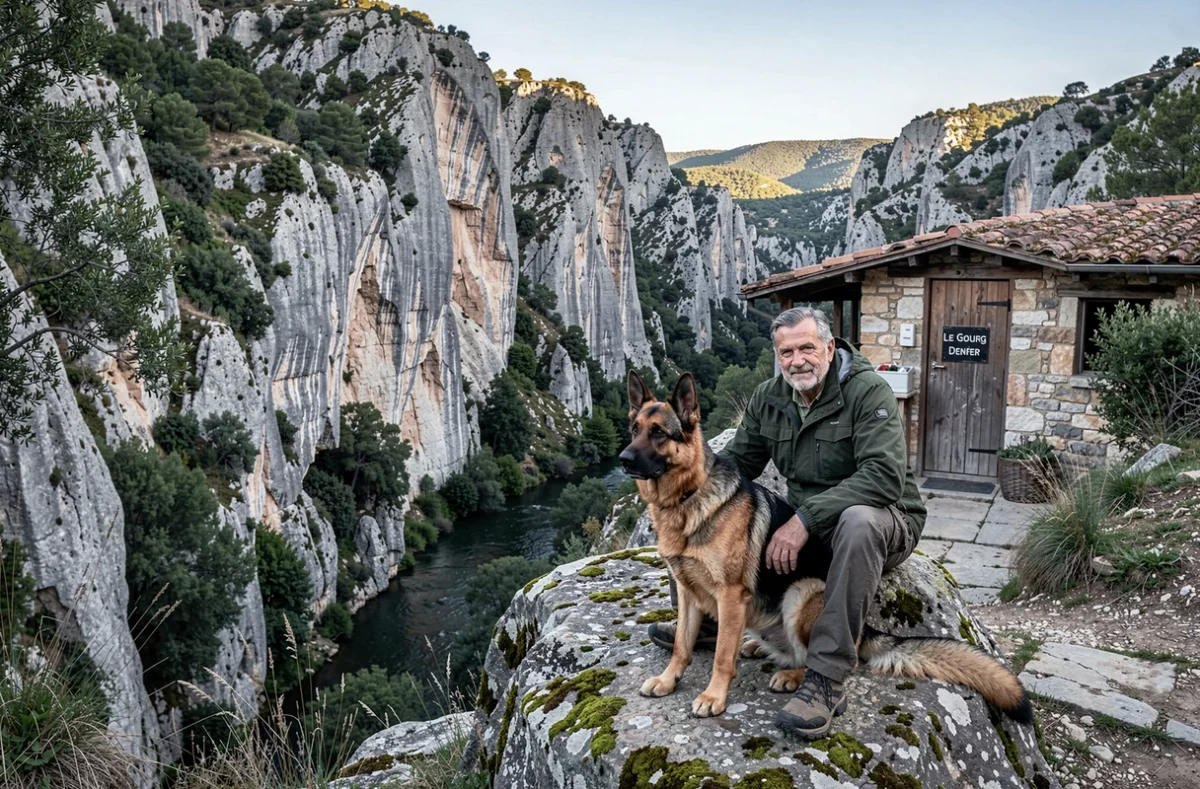 Le Gourg Denfer pension canine avec un soigneur assis sur un rocher moussu à côté d'un berger allemand dans un paysage de gorges en Occitanie