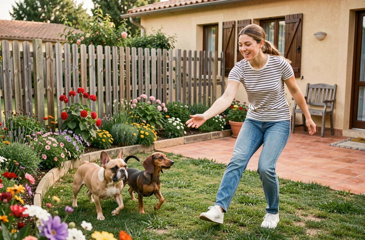 Les Coquins d'Occitanie pension canine avec une soignante jouant avec un bouledogue français et un teckel dans un jardin fleuri