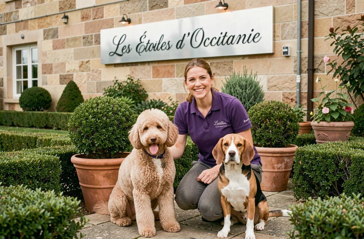Les Étoiles d'Occitanie pension canine avec une soignante posant avec un caniche et un beagle dans un jardin soigné devant un bâtiment en pierre
